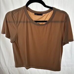 Zara Tan Crop T-Shirt with Short Sleeves